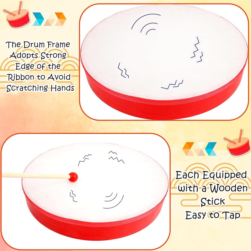 Norcoin 12 Set Hand Drums with Drum Sticks 12 Inch 10 Inch 8 Inch 7 Inch 6 Inch 4 Inch Wood Frame Drum Percussion Instruments for Kids Adults Church Party Beginners Gifts School - Image 3